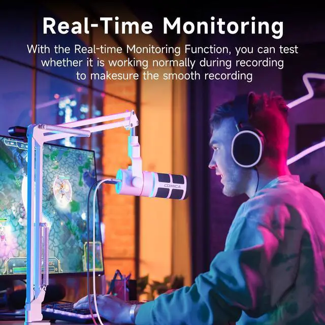 Alt view image 3 of 7 - EJoy D10(A) USB Gaming Microphone  Boom Arm Mic with Noise Cancellation, XLR/USB-C, Real-Time Monitoring, Muting, RGB Professional Studio Mic for Gaming, Streaming, Podcast, Recording (White)