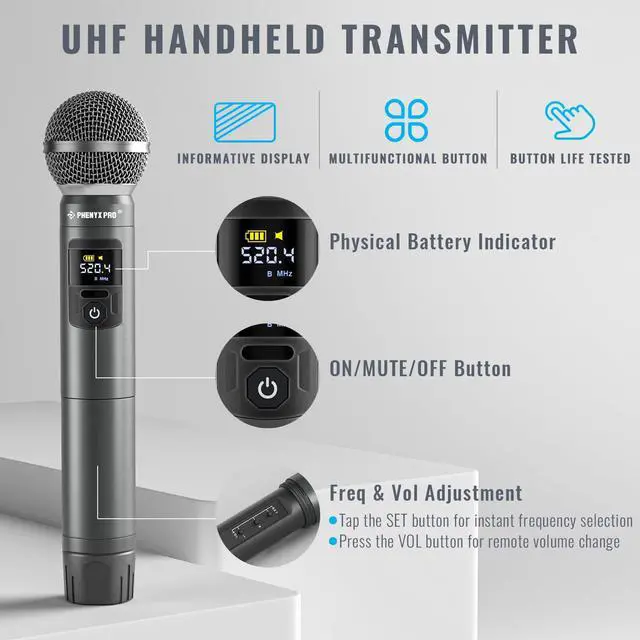 Alt view image 3 of 7 - Wireless Microphone System, Metal Wireless Mic Set, Handheld Cordless Dynamic Microphones for Singing, Karaoke, Church, 2x30 UHF Tunable Frequencies,200 ft Range (PTU-52-2H)