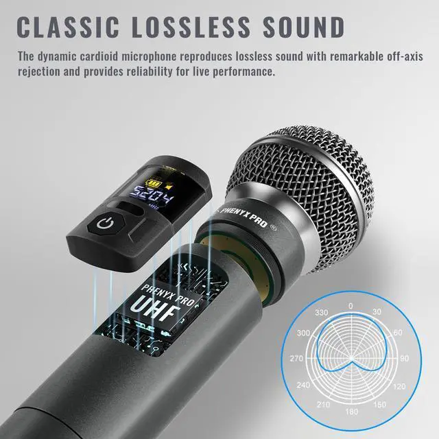 Alt view image 4 of 7 - Wireless Microphone System, Metal Wireless Mic Set, Handheld Cordless Dynamic Microphones for Singing, Karaoke, Church, 2x30 UHF Tunable Frequencies,200 ft Range (PTU-52-2H)