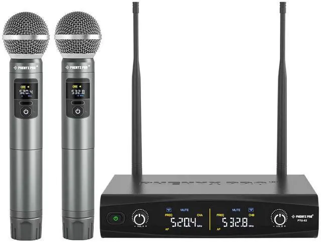Main image of Wireless Microphone System, Metal Wireless Mic Set, Handheld Cordless Dynamic Microphones for Singing, Karaoke, Church, 2x30 UHF Tunable Frequencies,200 ft Range (PTU-52-2H)