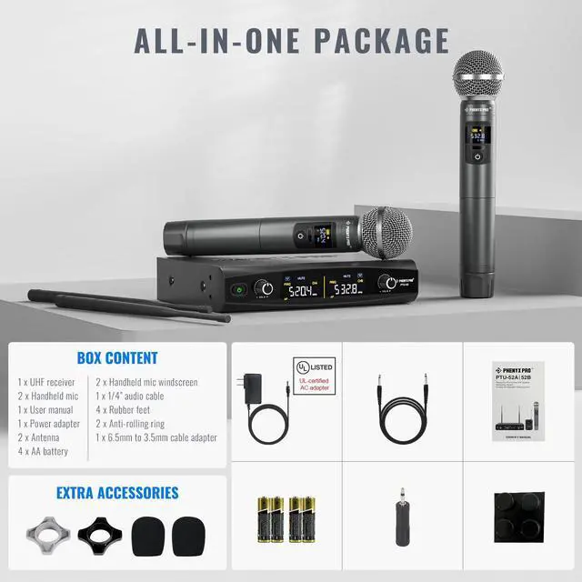 Alt view image 7 of 7 - Wireless Microphone System, Metal Wireless Mic Set, Handheld Cordless Dynamic Microphones for Singing, Karaoke, Church, 2x30 UHF Tunable Frequencies,200 ft Range (PTU-52-2H)