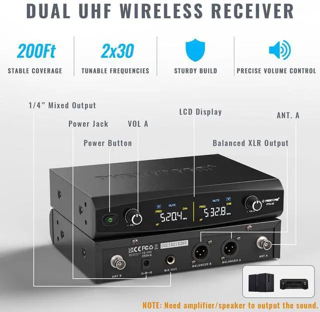 Alt view image 2 of 7 - Wireless Microphone System, Metal Wireless Mic Set, Handheld Cordless Dynamic Microphones for Singing, Karaoke, Church, 2x30 UHF Tunable Frequencies,200 ft Range (PTU-52-2H)