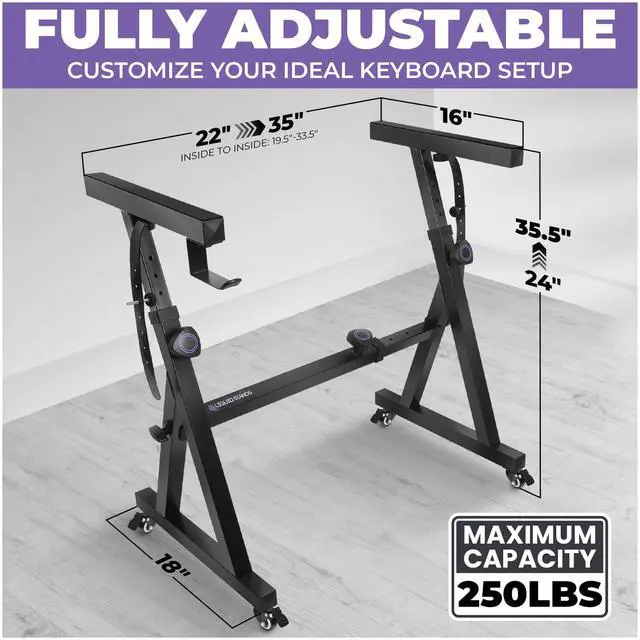 Alt view image 2 of 6 - Keyboard Stand w/ Wheels - Black Z Style Adjustable & Portable Professional Heavy Duty Digital Piano Stand - Fits 54-88 Key Electric Pianos - Sturdy Rolling Musical Keyboard Stand