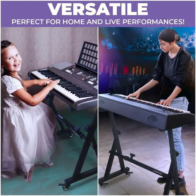 Alt view image 6 of 6 - Keyboard Stand w/ Wheels - Black Z Style Adjustable & Portable Professional Heavy Duty Digital Piano Stand - Fits 54-88 Key Electric Pianos - Sturdy Rolling Musical Keyboard Stand