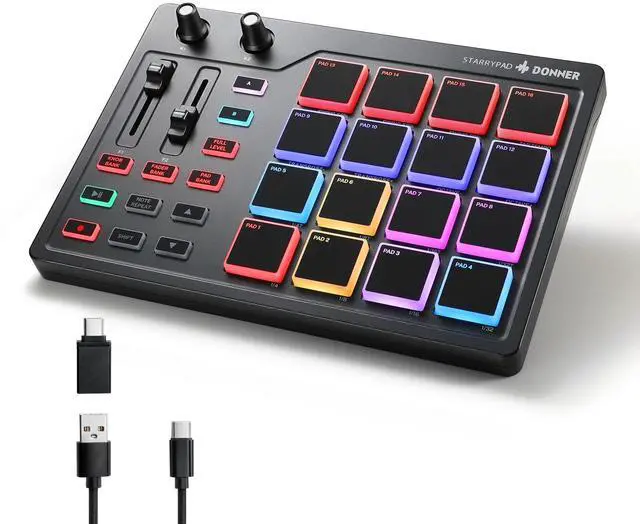Main image of MIDI Pad Beat Maker Machine Professional, Drum Machine with 16 Beat Pads, 2 Assignable Fader & Knobs and Music Production Software, USB MIDI Controller with 40 Courses, STARRYPAD
