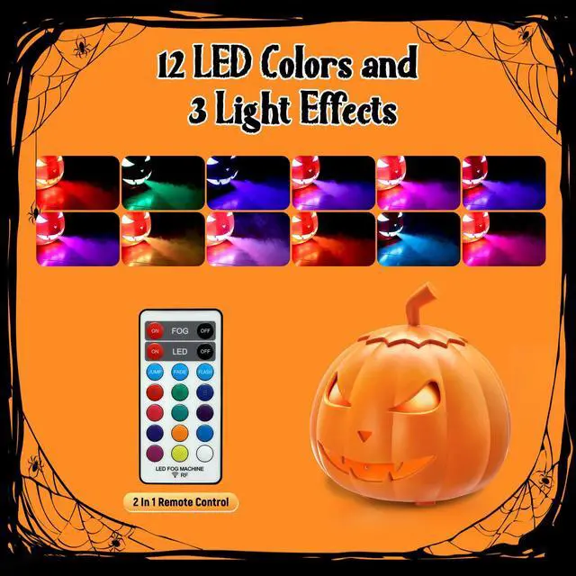 Alt view image 3 of 7 - 800W Pumpkin Fog Machine with Bluetooth Speaker, Smoke Machine Fogger with 12 Colors LED Lights, Fog Maker with Remote and Refill Indicator for Halloween Decor Haunted House DJ Party Stage