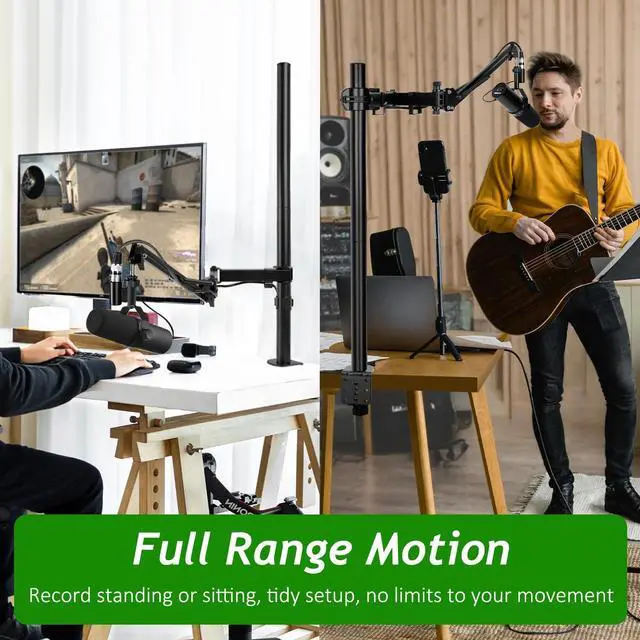Alt view image 3 of 7 - Mic Boom Arm, Adjustable Height Overhead Microphone Stand with Heightened Extension Riser for Shure SM7B Blue Yeti HyperX QuadCast S and other Mic