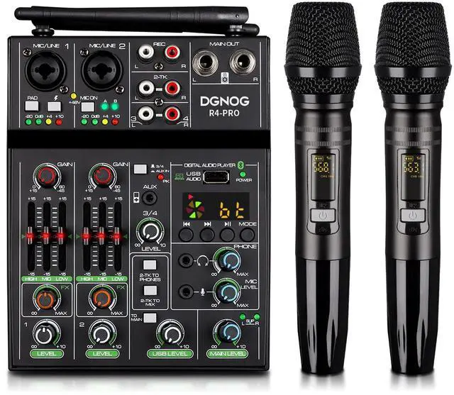 Main image of Professional Audio Mixer, 4 Channel Sound Mixer With Dual Wireless Mic, Sound Board Console MP3 Bluetooth 48V Phantom Power USB Interface DJ Mixing for Home Karaoke Party Computer Studio Recording