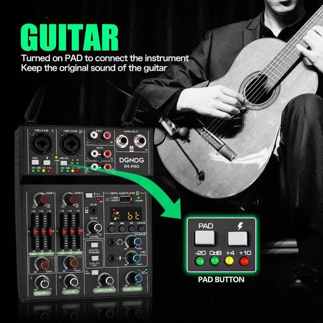 Alt view image 3 of 7 - Professional Audio Mixer, 4 Channel Sound Mixer With Dual Wireless Mic, Sound Board Console MP3 Bluetooth 48V Phantom Power USB Interface DJ Mixing for Home Karaoke Party Computer Studio Recording