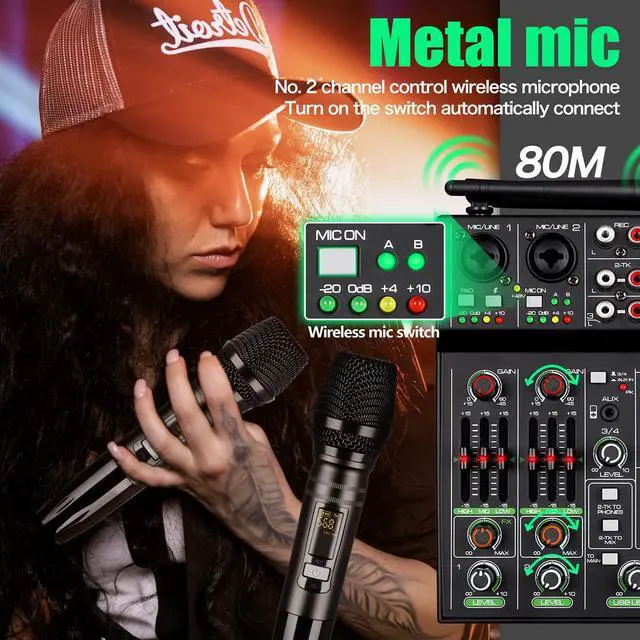 Alt view image 4 of 7 - Professional Audio Mixer, 4 Channel Sound Mixer With Dual Wireless Mic, Sound Board Console MP3 Bluetooth 48V Phantom Power USB Interface DJ Mixing for Home Karaoke Party Computer Studio Recording