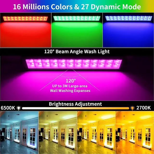 Alt view image 2 of 7 - LED Stage Wash Light Bar - 2Pack 48W RGB DJ Light Bar IP66 Waterproof by Smart APP & Remote Control Wall Washer Uplight for Garden Stage Lighting Events Home Decoration Wall Display