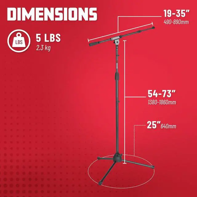 Alt view image 6 of 7 - Tripod Mic Stand with Boom Arm & Soft Grip Twist Clutch Height Adjustment, Includes 3/8" and 5/8" Adapters (GFW-MIC-2020)