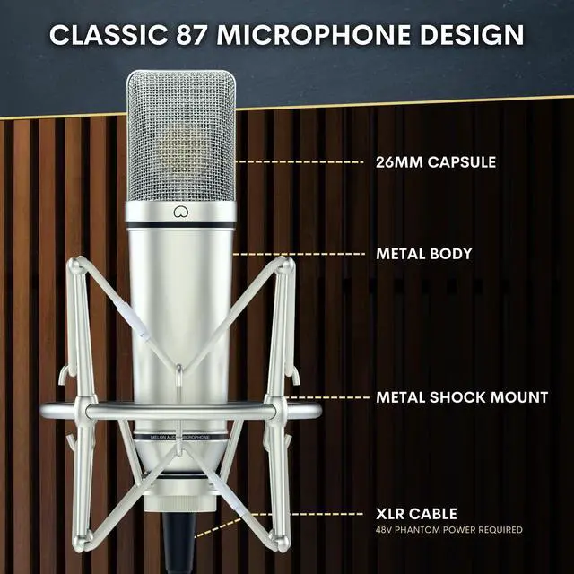 Alt view image 2 of 7 - MA-87 Studio Condenser Microphone, 26mm Gold Large Diaphragm Capsule, Including Foam Filter, Metal Shock Mount, XLR Cable and Mic Bag - for Singing, Vocal Recording and Podcasting