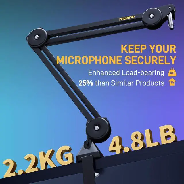 Alt view image 3 of 7 - Microphone Boom Arm: Heavy Duty Adjustable Metal Suspension mic stand with Upgraded Desk Clamp and 3/8" to 5/8" Screw Adapter for Podcasting Recording Streaming Gaming - BA37