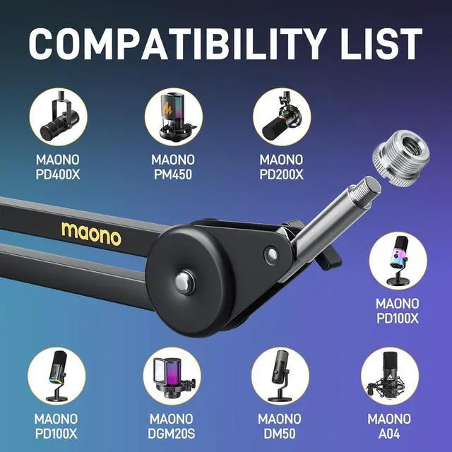 Alt view image 4 of 7 - Microphone Boom Arm: Heavy Duty Adjustable Metal Suspension mic stand with Upgraded Desk Clamp and 3/8" to 5/8" Screw Adapter for Podcasting Recording Streaming Gaming - BA37