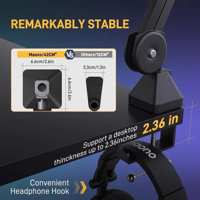 Alt view image 2 of 7 - Microphone Boom Arm: Heavy Duty Adjustable Metal Suspension mic stand with Upgraded Desk Clamp and 3/8" to 5/8" Screw Adapter for Podcasting Recording Streaming Gaming - BA37