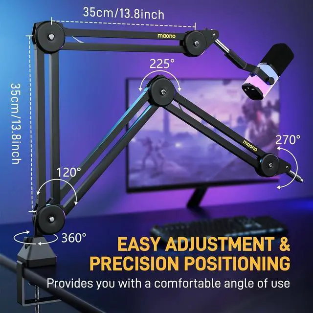 Alt view image 5 of 7 - Microphone Boom Arm: Heavy Duty Adjustable Metal Suspension mic stand with Upgraded Desk Clamp and 3/8" to 5/8" Screw Adapter for Podcasting Recording Streaming Gaming - BA37