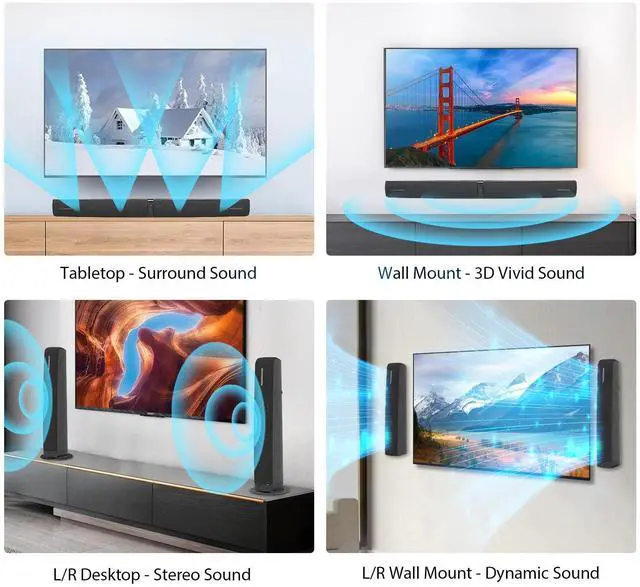 Alt view image 2 of 7 - Sound Bar for Smart TV,90W Soundbar with Bluetooth/ARC/Optical/AUX Connect, Auto Volume Boost, 3 Customizable Equalizer Modes, 2 in 1 Detachable Soundbar for TV/PC/Gaming/Projectors