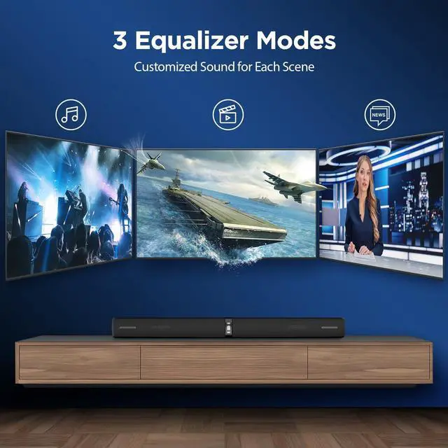 Alt view image 5 of 7 - Sound Bar for Smart TV,90W Soundbar with Bluetooth/ARC/Optical/AUX Connect, Auto Volume Boost, 3 Customizable Equalizer Modes, 2 in 1 Detachable Soundbar for TV/PC/Gaming/Projectors