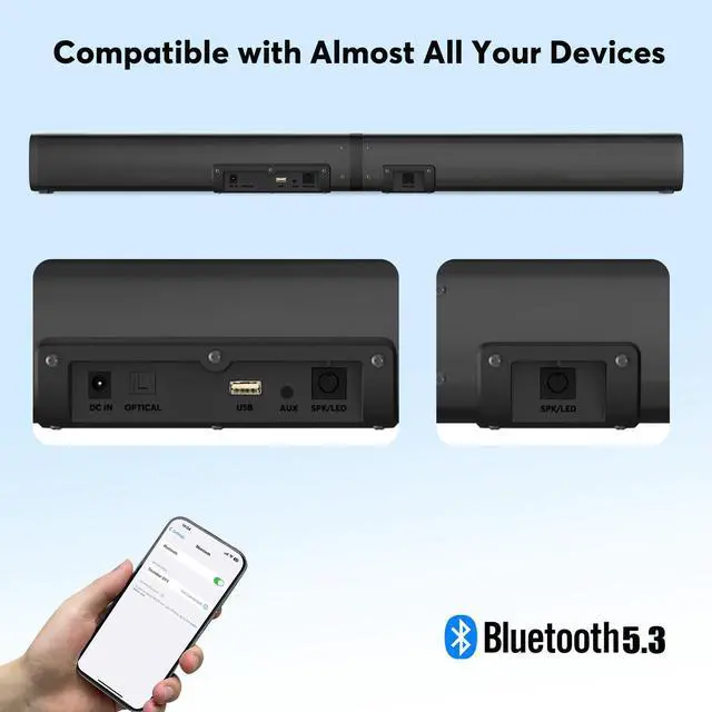 Alt view image 3 of 7 - 2.2 Sound Bar for TV with Built-in Subwoofers, 32 Inches Detachable Soundbar Speaker, Bluetooth 5.3/Optical/AUX/USB Connection (Black)