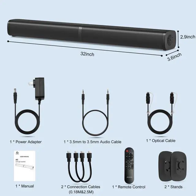 Alt view image 6 of 7 - 2.2 Sound Bar for TV with Built-in Subwoofers, 32 Inches Detachable Soundbar Speaker, Bluetooth 5.3/Optical/AUX/USB Connection (Black)