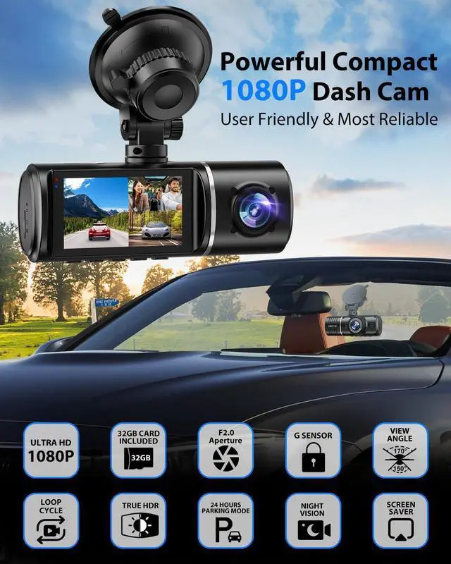 Alt view image 3 of 7 - Dash Cam Front and Rear, 1080P Dash Camera for Cars, 3 Channel Car Camera Front Rear and Inside with 32GB Card, Loop Recording, Night Vision, HDR, 24Hr Parking, G-Sensor