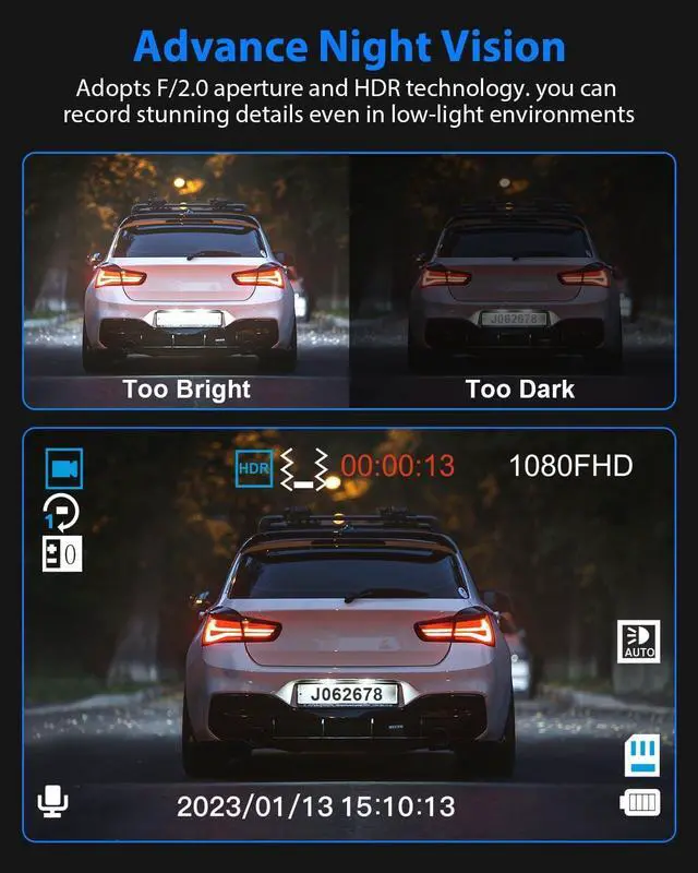 Alt view image 7 of 7 - Dash Cam Front and Rear, 1080P Dash Camera for Cars, 3 Channel Car Camera Front Rear and Inside with 32GB Card, Loop Recording, Night Vision, HDR, 24Hr Parking, G-Sensor