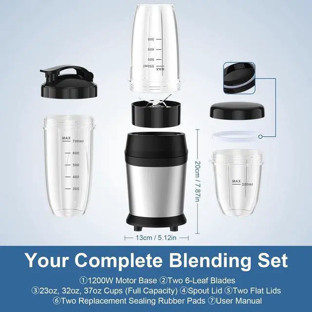 Alt view image 6 of 7 - 12-Piece Smoothie Blender Maker 25,000 RPM Personal Blender for Ice Crushing Smoothies & Frozen Drinks Nuts with 23oz, 32oz, 37oz Portable Cups Two 6-Leaf Stainless Steel Blades, Silver