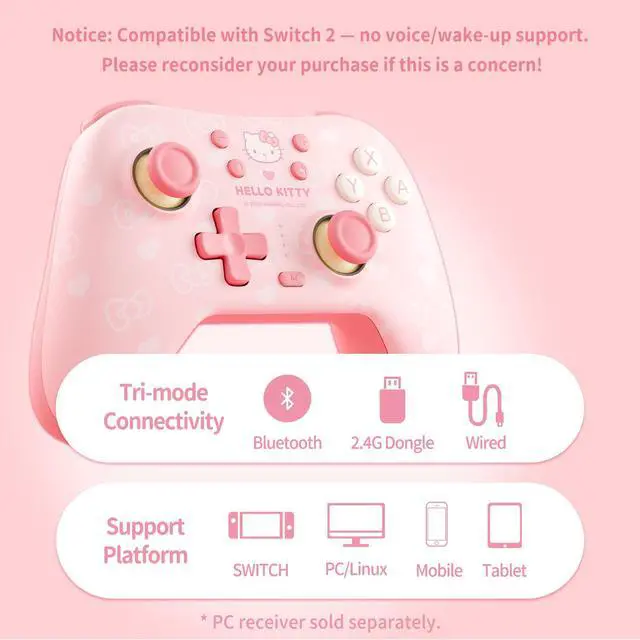 Alt view image 3 of 7 - Pink Switch Controller,Hello Kitty Hall Effect Controllers Wireless for Switch 2/1/OLED/Lite,PC,Android,iOS | Bluetooth + Wired,1000mAh Battery,6-Axis Gyro,Dual Vibration,RGB Breathing Light