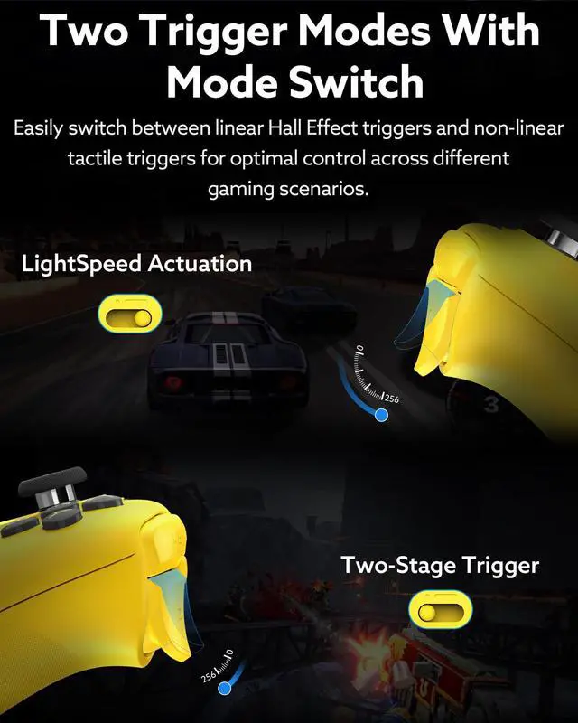 Alt view image 4 of 7 - Ultimate 2 Bluetooth Controller (TMR Joystick Update), RGB Fire Ring, Switchable Hall Effect/Tactile Triggers, Vibration and Motion Control for Switch/Switch 2, Windows PC (Lemon Yellow)
