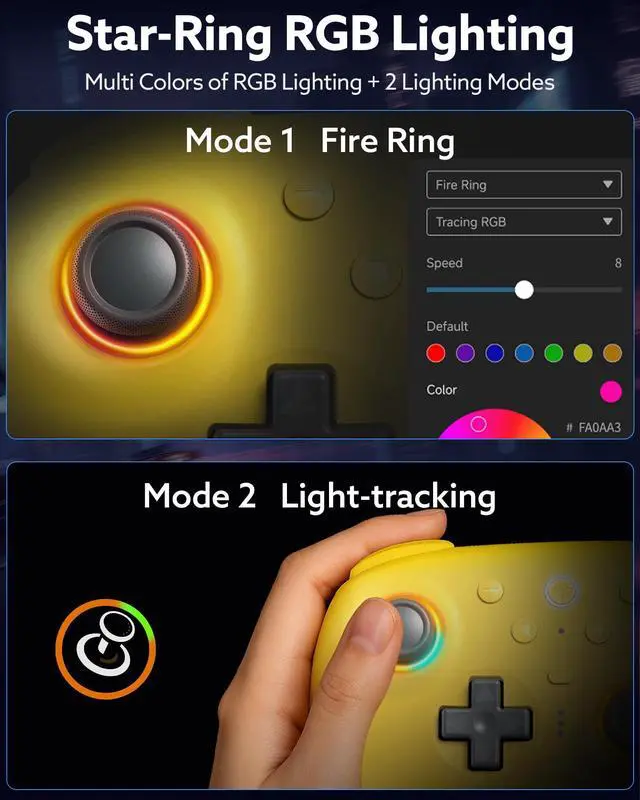 Alt view image 3 of 7 - Ultimate 2 Bluetooth Controller (TMR Joystick Update), RGB Fire Ring, Switchable Hall Effect/Tactile Triggers, Vibration and Motion Control for Switch/Switch 2, Windows PC (Lemon Yellow)