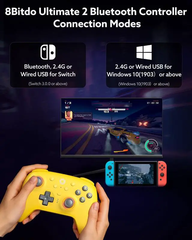 Alt view image 6 of 7 - Ultimate 2 Bluetooth Controller (TMR Joystick Update), RGB Fire Ring, Switchable Hall Effect/Tactile Triggers, Vibration and Motion Control for Switch/Switch 2, Windows PC (Lemon Yellow)