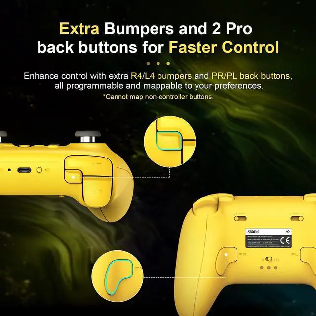 Alt view image 5 of 7 - Ultimate 2 Bluetooth Controller for Switch, Switch 2, PC&Windows,Switch Pro Controller with TMR Joysticks,Tactile/Hall Triggers,Programmable L4/R4 Bumpers,2 Back Paddle Buttons,RGB Ring,Yellow