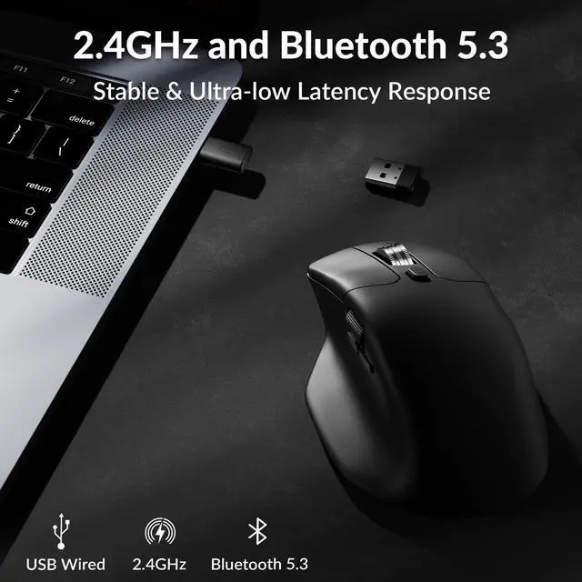 Alt view image 2 of 7 - M6 Silent Wireless Gaming Mouse, 1000Hz Polling, Bluetooth 5.1/2.4GHz/Wired, PixArt 3395 Optical Sensor up to 26,000 DPI, Lightweight 78g, Programmable, for Windows/Mac/Linux  Black