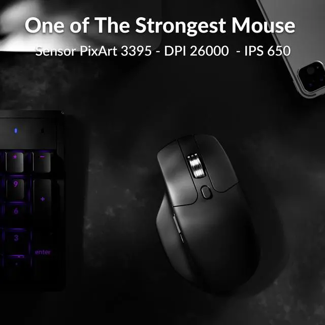 Alt view image 5 of 7 - M6 Silent Wireless Gaming Mouse, 1000Hz Polling, Bluetooth 5.1/2.4GHz/Wired, PixArt 3395 Optical Sensor up to 26,000 DPI, Lightweight 78g, Programmable, for Windows/Mac/Linux  Black