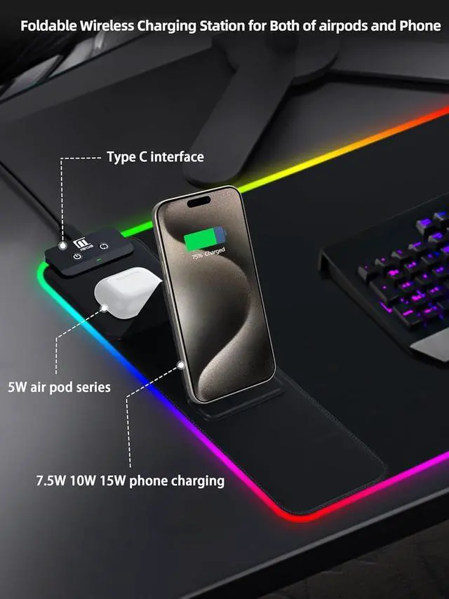 Alt view image 4 of 7 - XXL Mouse Pad with Phone Holder - Black, RGB Desk Mat with 15W Fast Charging, LED Gaming Mousepad with 11 Light Colors, Waterproof Non-Slip Pad for Office & Home