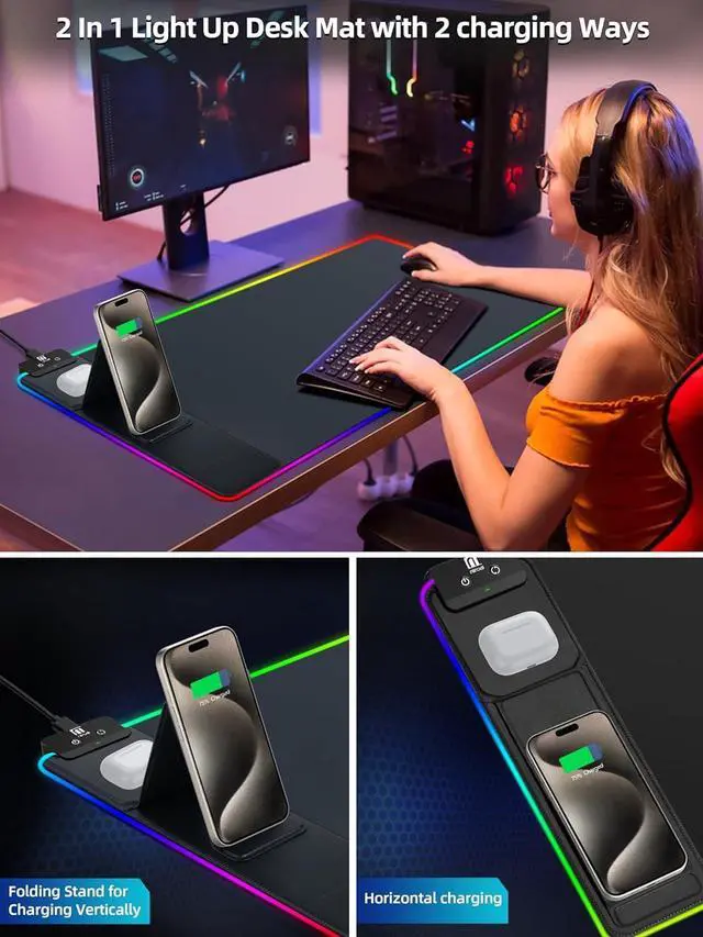 Alt view image 7 of 7 - XXL Mouse Pad with Phone Holder - Black, RGB Desk Mat with 15W Fast Charging, LED Gaming Mousepad with 11 Light Colors, Waterproof Non-Slip Pad for Office & Home