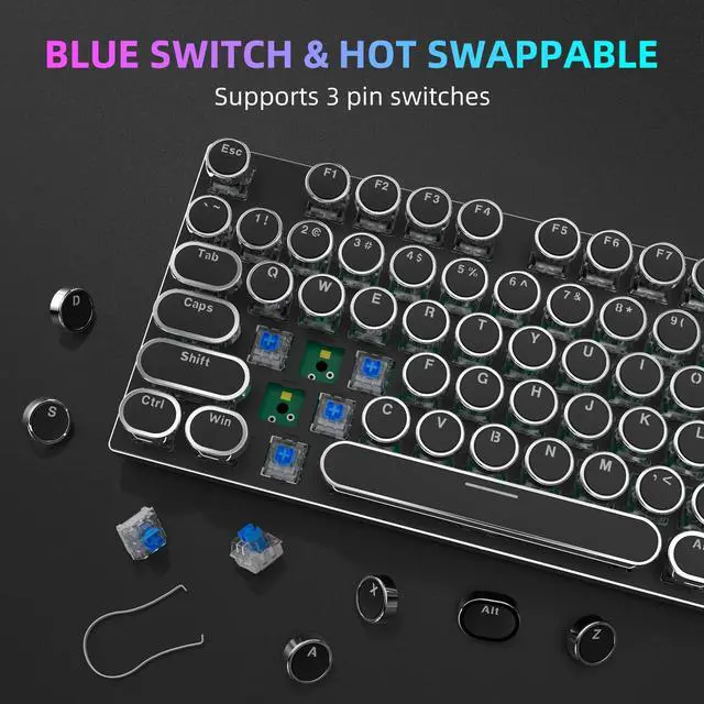 Alt view image 7 of 7 - Typewriter Mechanical Gaming Keyboard and Mouse Combo, Rainbow RGB Backlit Wired Keyboards with Blue Switches Round Keycaps Media Control Knob for PC Computer