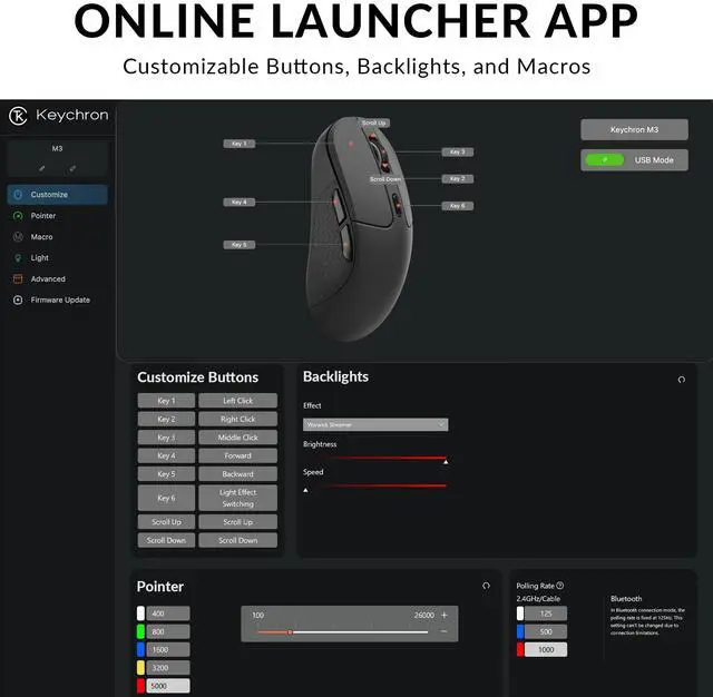 Alt view image 3 of 7 - M3 Wireless Mouse, PAW3395 Sensor with Programmable Macro Button 26,000 DPI Supports 2.4 GHz/Bluetooth 5.1, 79g Ultra-Light Ergonomic Design Up to 70 Hours Using for PC Mac Laptop - Black