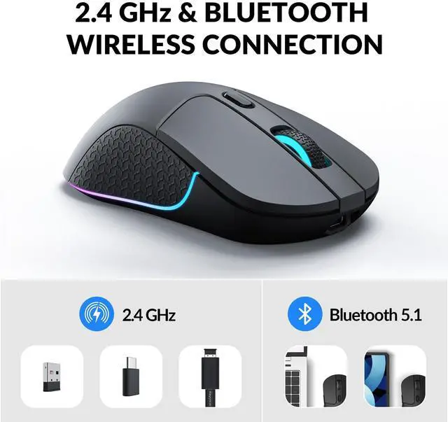 Alt view image 2 of 7 - M3 Wireless Mouse, PAW3395 Sensor with Programmable Macro Button 26,000 DPI Supports 2.4 GHz/Bluetooth 5.1, 79g Ultra-Light Ergonomic Design Up to 70 Hours Using for PC Mac Laptop - Black
