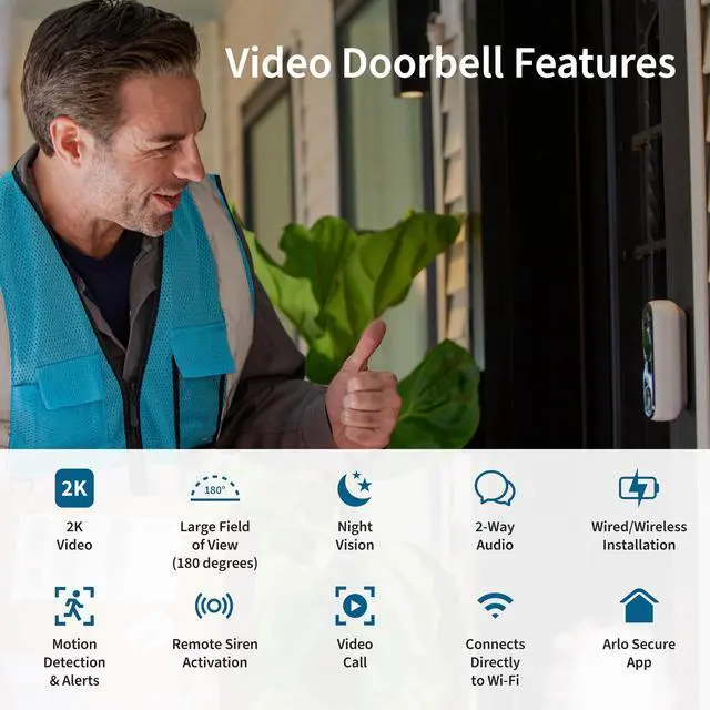 Alt view image 2 of 6 - Video Doorbell 2K | 2nd Gen | Wire-Free/Wired Option, 2-Way Audio, Night Vision, Head to Toe Video View, Integrated Siren | Live Stream | Real Time Notifications |180 Deg Wide View, White