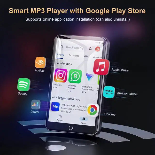 Alt view image 2 of 7 - 80GB MP3 Player with Bluetooth and WiFi, Mp3 & Mp4 Music Player with Spotify, Amazon Music, Deezer, Audible, Browser, 4.0" IPS Touch Screen Android Player with Speaker, FM Radio, Up to 512GBBlack