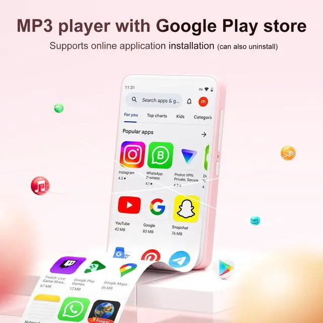 Alt view image 2 of 7 - 80GB MP3 Player with Bluetooth and WiFi, Mp3 & Mp4 Music Player with Spotify, Amazon Music, Deezer, Audible, Browser, 4.0" IPS Touch Screen Android Player with Speaker, FM Radio, Up to 512GBPink