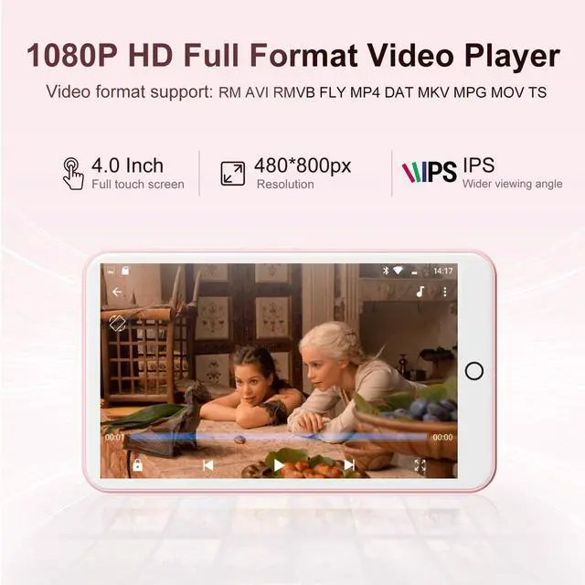 Alt view image 4 of 7 - 80GB MP3 Player with Bluetooth and WiFi, Mp3 & Mp4 Music Player with Spotify, Amazon Music, Deezer, Audible, Browser, 4.0" IPS Touch Screen Android Player with Speaker, FM Radio, Up to 512GBPink