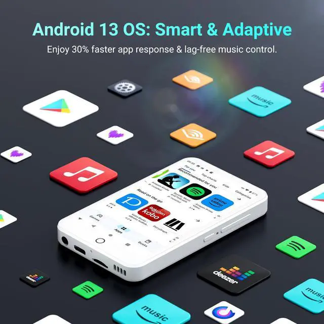 Alt view image 5 of 7 - 96GB MP3 Player with Bluetooth and WiFi, Android 13 MP3 MP4 Players with 4" Touchscreen and Speaker, 3GB RAM & 32GB ROM, Spotify Music Player with Audible, FM Radio, Amazon Music, Play Store