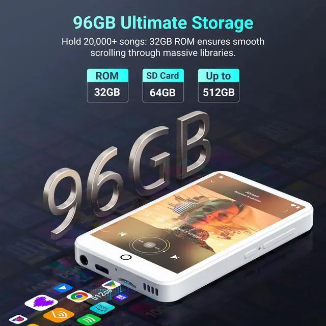 Alt view image 6 of 7 - 96GB MP3 Player with Bluetooth and WiFi, Android 13 MP3 MP4 Players with 4" Touchscreen and Speaker, 3GB RAM & 32GB ROM, Spotify Music Player with Audible, FM Radio, Amazon Music, Play Store