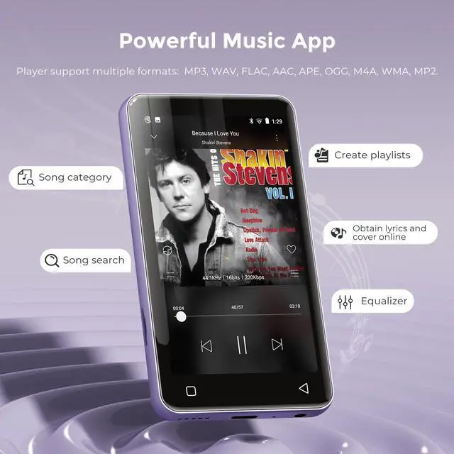 Alt view image 3 of 7 - 80GB MP3 Player with Bluetooth and WiFi, MP3 Player for Kids with Spotify, Spotify Kids, Pandora, Audible, 4.0" Touch Screen Music Player with Parental Controls, Up to 1TB (White+ Purple)