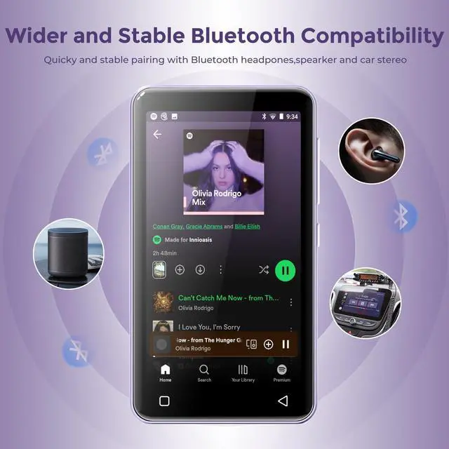 Alt view image 6 of 7 - 80GB MP3 Player with Bluetooth and WiFi, MP3 Player for Kids with Spotify, Spotify Kids, Pandora, Audible, 4.0" Touch Screen Music Player with Parental Controls, Up to 1TB (White+ Purple)