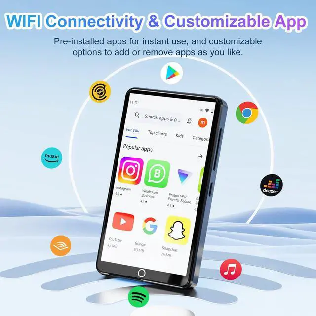 Alt view image 2 of 7 - 80GB mp3 Player with Bluetooth and WiFi, 4.0IN Touchscreen Android MP3 Player with 13MP Rear Camera, MP4 Player for Kids, Pre-Loaded Spotify, Deezer, Audible, Hiby, Browser