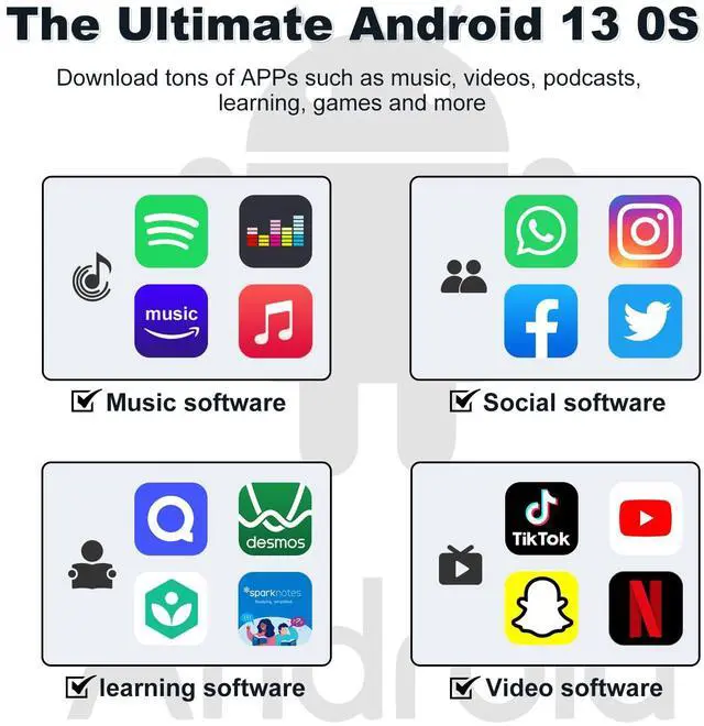 Alt view image 2 of 7 - 144GB MP3 Player with Bluetooth and WiFi, Android 13 OS MP3 & MP4 Players with 4" Touchscreen and Speaker, Spotify Music Players with Pandora, Audible, Amazon Music, Play Store